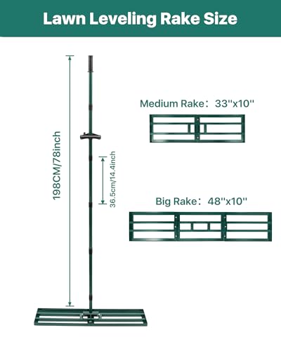 Lawn Leveling Rake 33x10'', Yard Leveling Rake with 78'' Back-Saving Adjustable Handle, Stainless Steel Lawn Leveler Tool for Garden, Backyard, Farm, Golf Course - style: 33’‘x10’‘
