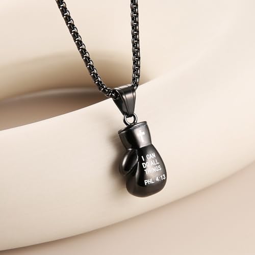 HZMAN Boxing Glove Bible Verse Pendant Stainless Steel Necklace - color: PHL4:13 Black