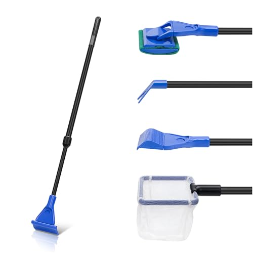 5 in 1 Fish Tank Cleaner Kit Aquarium Cleaning Tools with 22~32 Inch Extendable Non-Slip Handle Fish Tank Cleaner with Algae Scraper and Fish Net - size: Length 22-32inch(extendable)