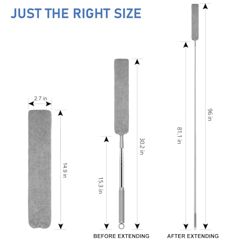 SetSail Dusters for Cleaning Retractable Gap Duster with Extension Pole Long Handle Cleaning Tools Flat Dust Cleaner with 2 Microfiber Dusting Cloths for Under Appliances Furniture Fridge