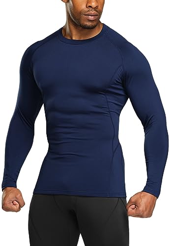 TSLA Men's Thermal Long Sleeve Compression Shirts, Athletic Base Layer Top, Winter Gear Running T-Shirt - color: Heatlock Navy, size: Small