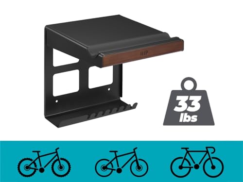Monoprice On-Wall Bike Storage and Display Rack Mount System with Open Shelf and Gear Hooks, Compact and Sturdy Design, Supports Bikes Up to 33lbs.