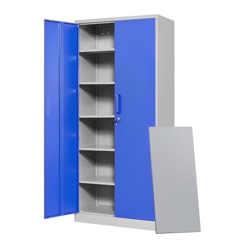 Metal Garage Storage Cabinets with Lock Door and Adjustable Shelves, Steel Tool Cabinets for Home,Office,Warehouse Organisieren (Blue Gray) - color: Grey Blue, size: 71 X 32 X 16 In(H X W X D)