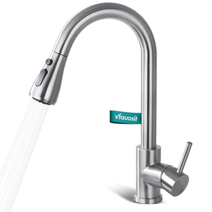 Kitchen Faucet Seats with Pull Down Sprayer, Brushed Nickel 14.4-inch Height, 360 Rotation Spout, Stainless Steel Sink Faucet Single Hole Kitchen Faucet for 1-3 Hole Sinks RV Farmhouse Camper