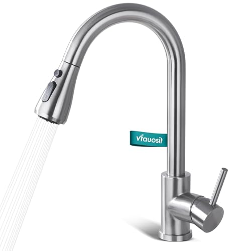 Kitchen Faucet Seats with Pull Down Sprayer, Brushed Nickel 14.4-inch Height, 360 Rotation Spout, Stainless Steel Sink Faucet Single Hole Kitchen Faucet for 1-3 Hole Sinks RV Farmhouse Camper