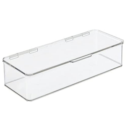 mDesign Office Supplies Desk Organizer Box with Lid for Staplers, Scissors, Pens, Sticky Notes, Highlighters, Tape - 3" Tall, Long, Clear - size: 5.75 x 13.4 x 3 (Pack of 1)