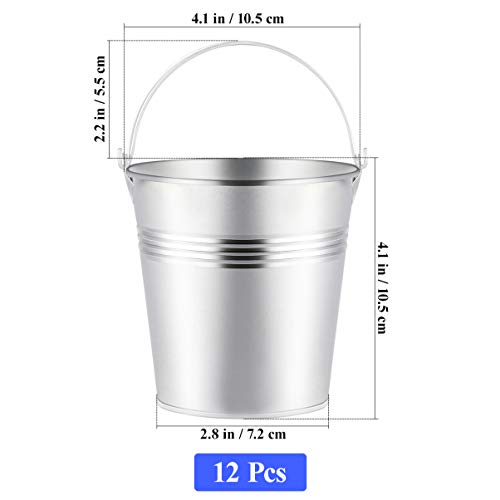 Toyvian Mini Metal Buckets with Handles, 4inch 12pcs Silver Tinplate Flower Pots for Classroom Small Treats Goodie Gift Bags Alternative for Kids Holiday Sandbox Toys