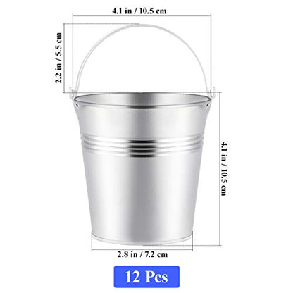 Toyvian Mini Metal Buckets with Handles, 4inch 12pcs Silver Tinplate Flower Pots for Classroom Small Treats Goodie Gift Bags Alternative for Kids Holiday Sandbox Toys