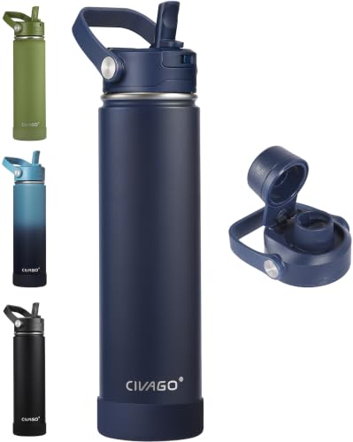 CIVAGO 24 oz Insulated Stainless Steel Water Bottle with Removable Straw | Large Leakproof Metal Water Jug, Sports Thermal Flask Cup with Bucket Handle, Silicone Boot, Dishwasher Safe, BPA-Free, Navy - color: .Navy, size: 24 Ounces
