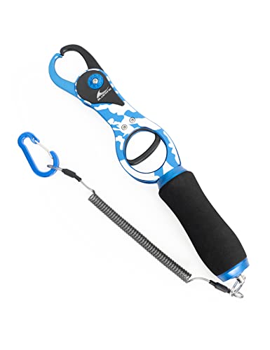 BLUEWING 10 Inch Fishing Gripper 1pc Aluminum Alloy Fish Lip Catcher Grabber with Coiled Lanyard