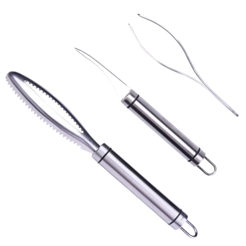 SOLUSTRE Fish Scale Remover and Fishbone Tweezer Set, Stainless Steel Seafood Scraper with Shrimp Deveiner, Kitchen Tool Kit for Cooking and Cleaning, 3pcs White Box Set