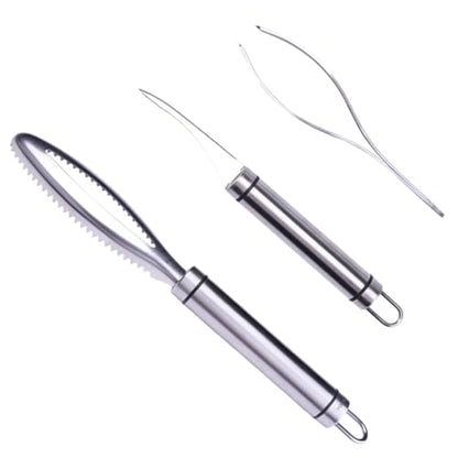 SOLUSTRE Fish Scale Remover and Fishbone Tweezer Set, Stainless Steel Seafood Scraper with Shrimp Deveiner, Kitchen Tool Kit for Cooking and Cleaning, 3pcs White Box Set