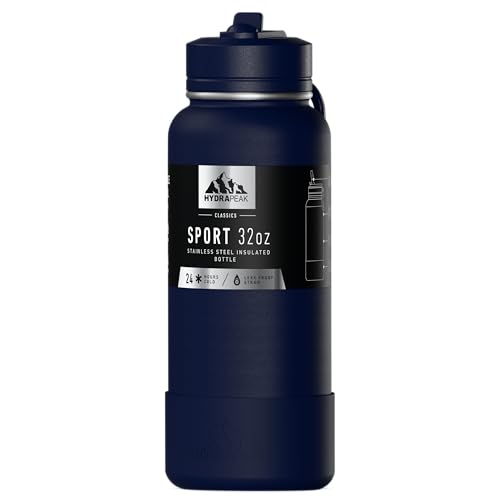Hydrapeak 32oz Sport Insulated Water Bottle with Straw Lid, Leak & Spill Proof, Keeps Drinks Cold for 24 Hours, Hot for 12 Hours, Premium Stainless Steel Water Bottles (32oz, Navy) - color: Navy