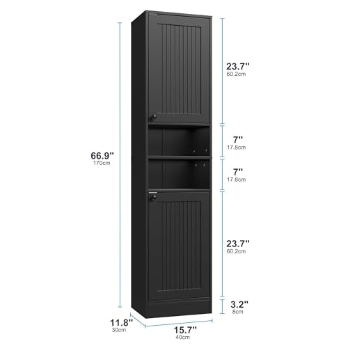 Farmhouse Bathroom Cabinet with 2 Doors, 67" Tall Slim Freestanding Cabinet, Narrow Floor Storage Unit with Open Shelf and Adjustable Shelves for Bathroom, Living Room, Kitchen, Black
