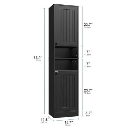 Farmhouse Bathroom Cabinet with 2 Doors, 67" Tall Slim Freestanding Cabinet, Narrow Floor Storage Unit with Open Shelf and Adjustable Shelves for Bathroom, Living Room, Kitchen, Black