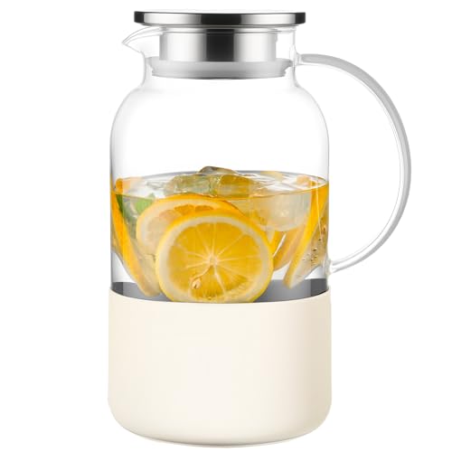 PARACITY Water Jug Water Pitcher with Silicone Base 61oz/ 1.8L, Hot& Cold Glass Pitcher with Lid and Handle, Glass Carafe with Lid for Coffee, Juice, Lemonade and Milk (Off-white base)