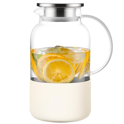 PARACITY Water Jug Water Pitcher with Silicone Base 61oz/ 1.8L, Hot& Cold Glass Pitcher with Lid and Handle, Glass Carafe with Lid for Coffee, Juice, Lemonade and Milk (Off-white base)