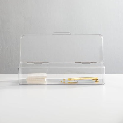 mDesign Office Supplies Desk Organizer Box with Lid for Staplers, Scissors, Pens, Sticky Notes, Highlighters, Tape - 3" Tall, Long, Clear - size: 5.75 x 13.4 x 3 (Pack of 1)