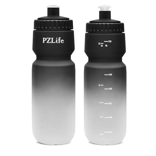 24oz Bike Water Bottle, Cycling Squeeze Water Bottle Leak Proof BPA Free | with Capacity Scale w/Pull Top Lid, Reusable, for Bicycle,Gym, School - color: Black