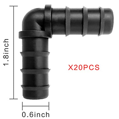 20 Pieces drip irrigation hose connectors, black elbow, applicable to 1/2 inch (16mm) hose, with barb connector
