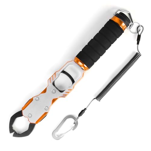 11" Aluminum Alloy Fish Lip Gripper with Scale - 40lbs Saltwater Fishing Grabber Tool, 360° Swivel Non-Slip Handle, Corrosion-Resistant Fish Holder for Caught Fish, Fish Control Tackle - color: Orange