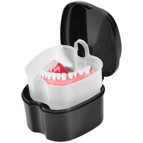 KISEER Black Denture Bath Case Cup Box Holder Storage Soak Container with Strainer Basket for Travel Cleaning - color: Black