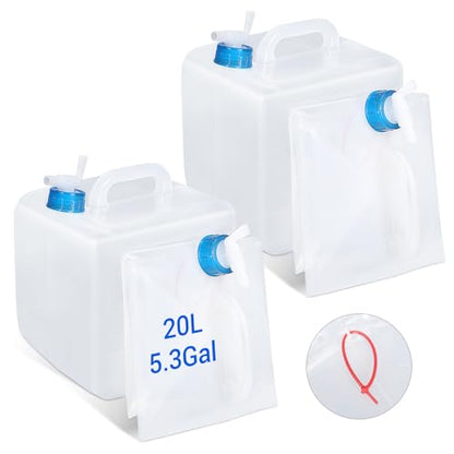 [2 Pack] 5.3 Gallon /20L Collapsible Water Container with Spigot & Handle, BPA Free Foldable Water Storage Cube, Portable Water Jug for Camping, Hiking, Emergency & Survival Kits - size: 5.3Gal