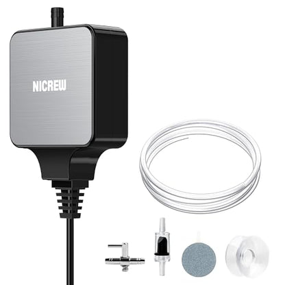 NICREW Nano Silent Aquarium Air Pump Black, Aquarium Aerator with Accessories for UP to 20 Gallon Fish Tank, Super Quiet, 0.6 L/min, 1.5 Watts