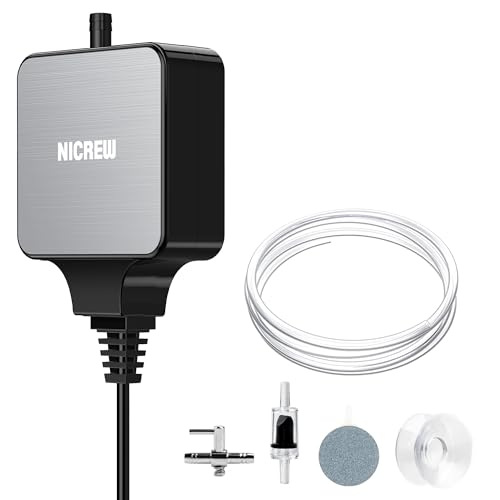 NICREW Nano Silent Aquarium Air Pump Black, Aquarium Aerator with Accessories for UP to 20 Gallon Fish Tank, Super Quiet, 0.6 L/min, 1.5 Watts