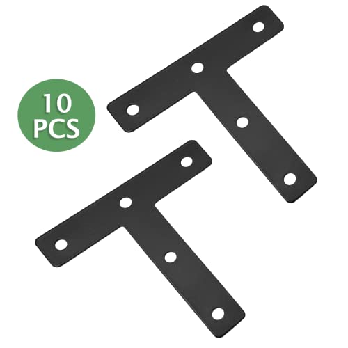 Uenhoy 10 Pcs T Shape Flat Mending Plates 80mm x 80mm (3.15" x 3.15") T Corner Braces T Bracket Connector Fixing Repair Plates for Furniture, Black