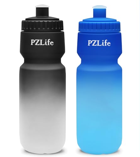 2 Pack Bike Water Bottle, Squeeze Water Bottle Leakproof BPA Free 24oz | with Capacity Scale w/Pull Top Lid, Reusable, for Bicycle, Gym,Camping, Hiking - color: y-Blue+black