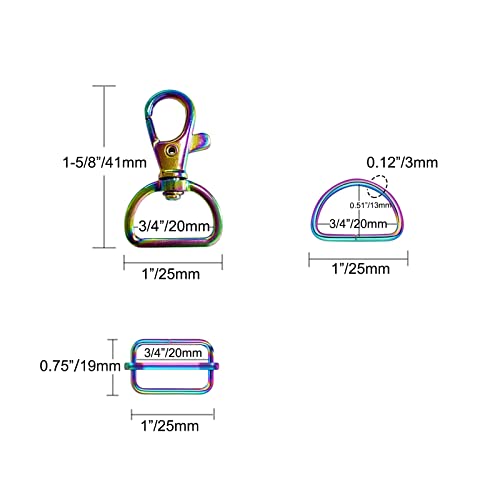 WAFJAMF 30Pcs Purse Hardware Swivel Snap Hooks D Rings Slide Buckles 3/4 In | Heavy duty metal clasps set for handbag making, DIY craft, strap, backpack, lanyard keychain & handbag fasteners, rainbow - color: Rainbow, size: 3/4” Inside Width