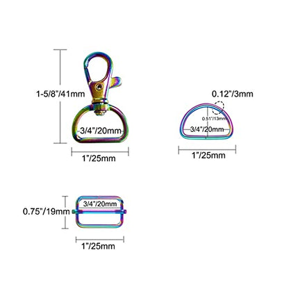 WAFJAMF 30Pcs Purse Hardware Swivel Snap Hooks D Rings Slide Buckles 3/4 In | Heavy duty metal clasps set for handbag making, DIY craft, strap, backpack, lanyard keychain & handbag fasteners, rainbow - color: Rainbow, size: 3/4” Inside Width