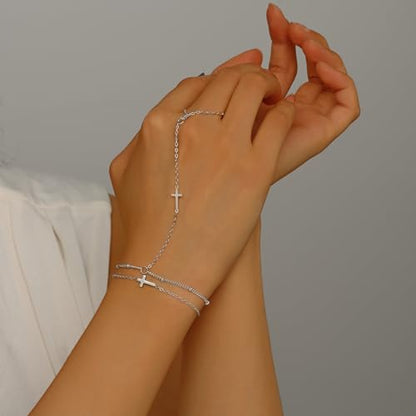18K Gold Plated Small Cross Bracelet for Women | Tiny Cute Cross Bracelets | Beaded Bracelet | Hip Hop Knot | Hand Chain Bracelets | Gold Jewelry Gifts for Women - color: 2 Cross Hand Chain Silver