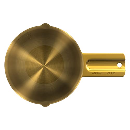 2 Cup Measuring Cup (480ml, 16oz) – Gold Stainless Steel Measure Scoop with Easy-Pour Spouts, Flat Base, by Color Up - size: 2 Cup (480 ml) Gold