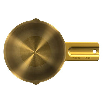 2 Cup Measuring Cup (480ml, 16oz) – Gold Stainless Steel Measure Scoop with Easy-Pour Spouts, Flat Base, by Color Up - size: 2 Cup (480 ml) Gold