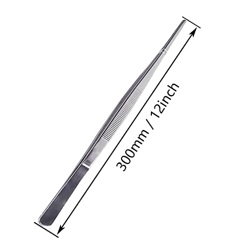 12Inch Straight Tip Long Forceps Tweezers, Serrated Flat Tips Science Surgical Tongs Jewelers Needle Metal Sewing Sharp Kitchen Cooking Tweezers With Teeth Knurled Handles (1PCS-300mm) - color: Straight-1pcs-12inch