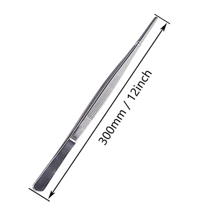 12Inch Straight Tip Long Forceps Tweezers, Serrated Flat Tips Science Surgical Tongs Jewelers Needle Metal Sewing Sharp Kitchen Cooking Tweezers With Teeth Knurled Handles (1PCS-300mm) - color: Straight-1pcs-12inch
