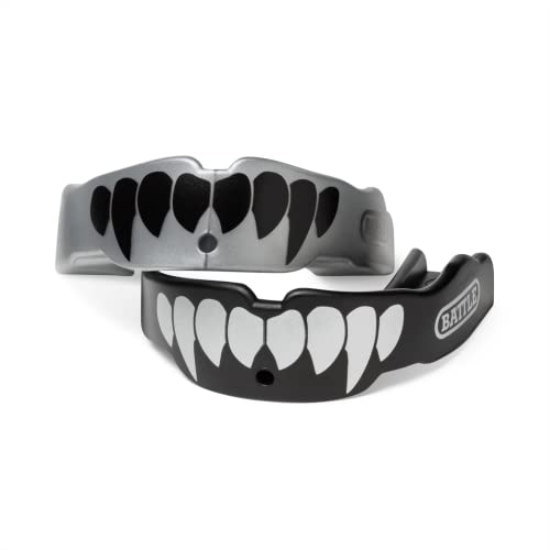 Battle Fangs Football Mouthguard – Sports Mouth Guard with Removable Strap – Protector Mouthpiece Fits with or Without Braces on Teeth – Adult & Youth Mouth Guard Sizes, 2 Pack - color: Silver/Black, size: Adult (Age 10 & Up)