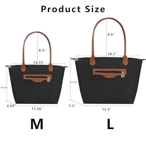 Waterproof Nylon Tote bag for Women Lightweight Designer Handbag with Zipper Stylish and Durable Purse - color: Black, size: Large