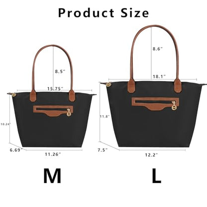 Waterproof Nylon Tote bag for Women Lightweight Designer Handbag with Zipper Stylish and Durable Purse - color: Black, size: Large