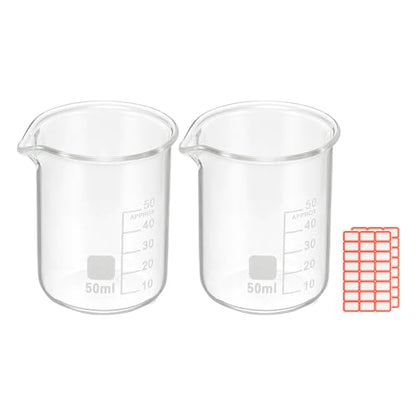 PATIKIL 50ml Glass Beaker, 2 Pack Measuring Glass Beaker Graduated Borosilicate Lab Cups Mug Low Form Heat Safe Transparent with Spout Label for Laboratory Science Kitchen Liquids - size: 50ml