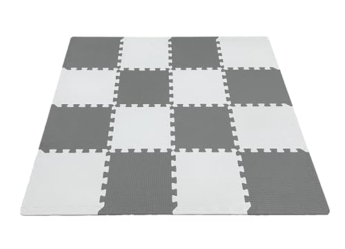18 Pieces Foam Play Mat, Interlocking Playmat Tiles, Foam Floor Mat Tiles, Puzzle Play Mats, Exercise Gym Mats – Color of Gray & White with Border