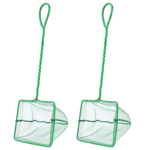 Aquarium Fish Net, Green, 6in & 8in | Fine Nylon Mesh, Long Plastic Handle, For Fish Tank