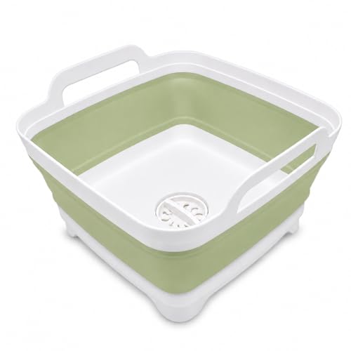 2.4 Gal(9L) Collapsible Dish Basin with Drain Plug, Space Saving Outdoor Multiuse Foldable Sink Tub, Dishpan, Kitchen Storage Tray for Camping, Vegetable Washing, RV (Green) - color: Green