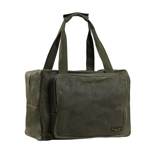 Tool Tote | Heavy Duty 16oz Waxed Canvas Tool Storage Bag - Portable 3 Pockets Tote Bag with Padded Handle& Metal Zipper, for Craftsman Gardener Carpenter Mechanic | 15.5"L x 7.5"W x 11.5"H - color: ArmyGreen