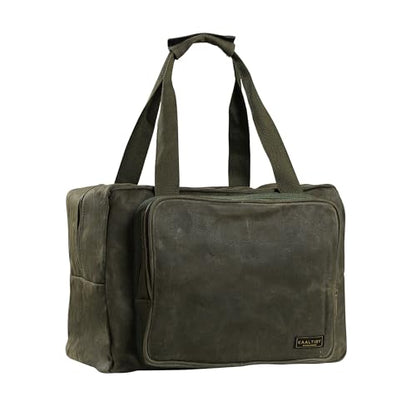 Tool Tote | Heavy Duty 16oz Waxed Canvas Tool Storage Bag - Portable 3 Pockets Tote Bag with Padded Handle& Metal Zipper, for Craftsman Gardener Carpenter Mechanic | 15.5"L x 7.5"W x 11.5"H - color: ArmyGreen