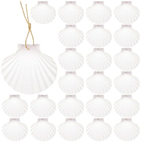 24Pcs Scallop Shells White Natural Seashell 2"-3" Perforation Scallop Shells with Rope for Christmas Tree Ornaments & DIY Hanging Home Deocration Craft
