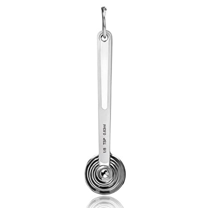 New Star Foodservice 43112 Stainless Steel Measuring Spoons, Set of 6, Round Metal Measuring Spoon Set with Ring Hook for Baking, Cooking, Spices, Wet and Dry Ingredients, Silver