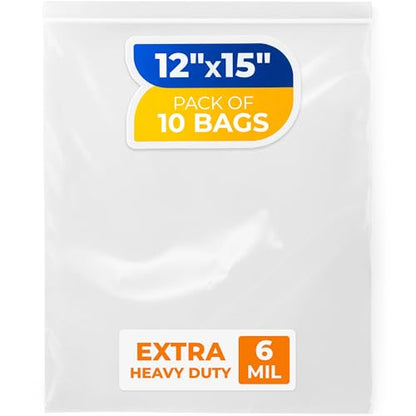 12" x 15" Reclosable Plastic Zip Bags, Pack of 10, 6 Mil Heavy-Duty Clear Poly Bags, Resealable for Food, Clothes, Hardware, Jewelry - size: 12"W x 15"H